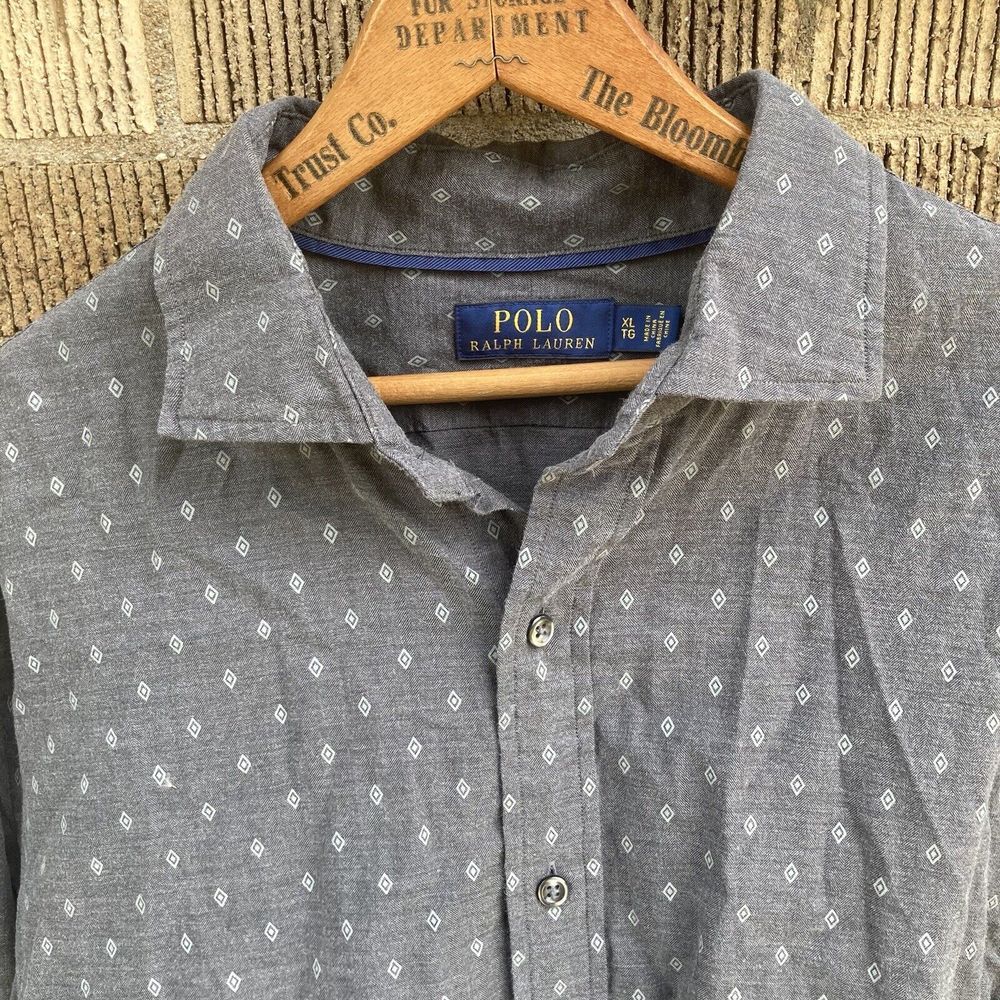 Polo Ralph Lauren Shirt Mens XL Gray Diamond Geometric Herringbone Button Up